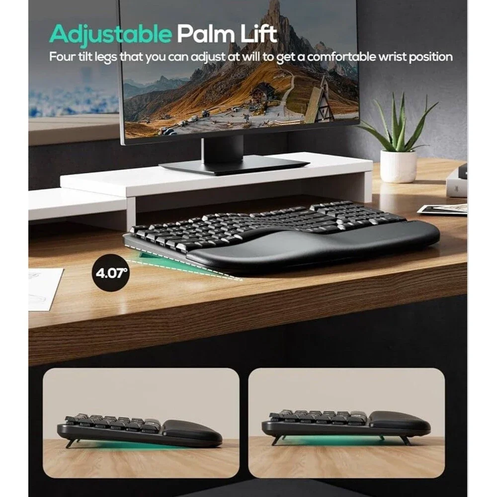 Nulea RT08 Wave Keys Wireless Ergonomic Keyboard with Cushioned Palm Rest,